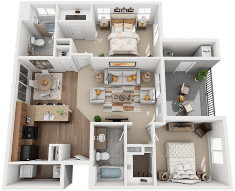 Floor plan for 2 beds, 2 baths, 1009 sqft